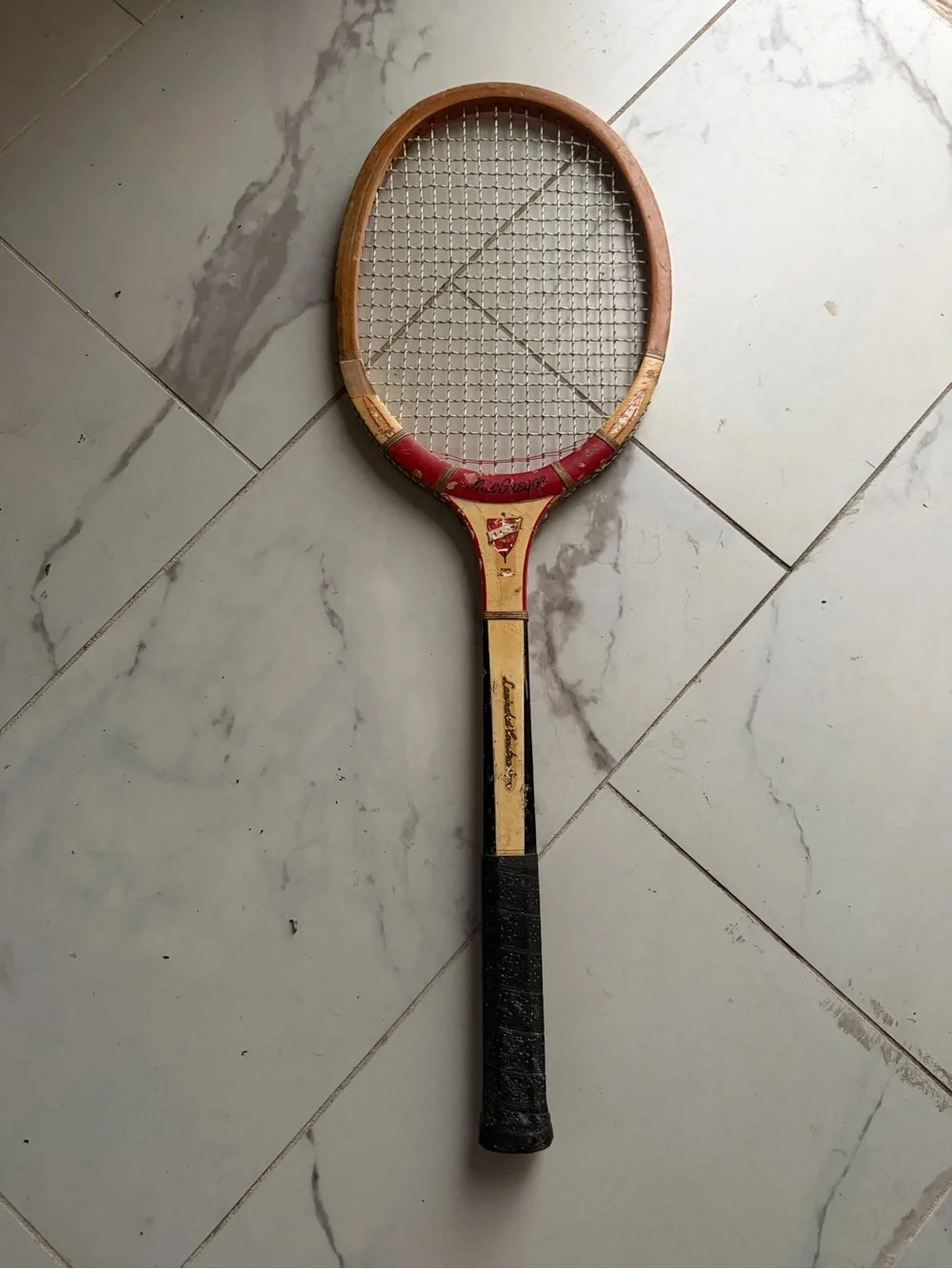 Vintage Wooden Tennis Racket Wall Decor - Red, Black, Natural